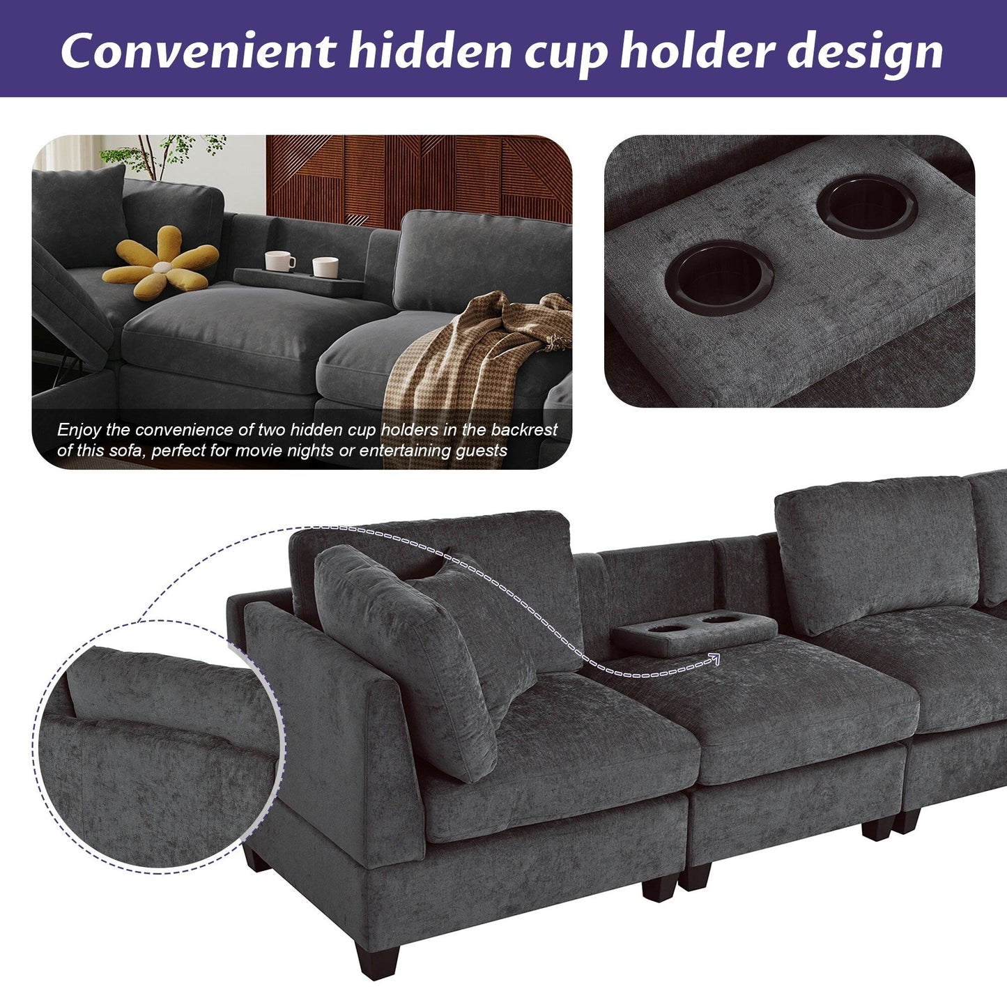 Canapé sectionnel moderne 5 places en U avec pouf de rangement et porte-gobelets dissimulés pour salon d'appartement