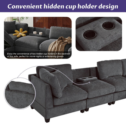 Canapé sectionnel moderne 5 places en U avec pouf de rangement et porte-gobelets dissimulés pour salon d'appartement