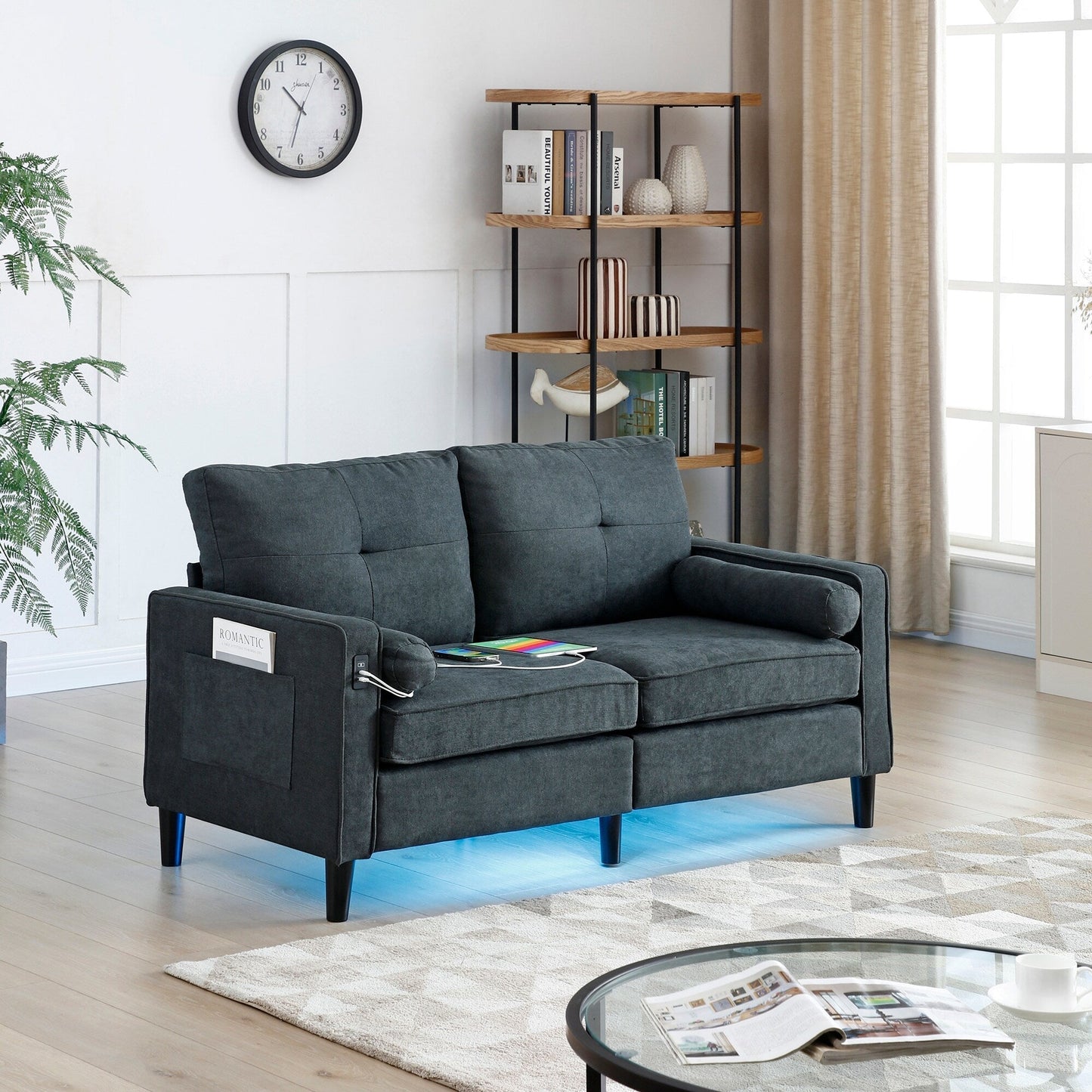 Canapé causeuse moderne en lin 57,87 avec lumières LED et 2 ports USB pour le salon