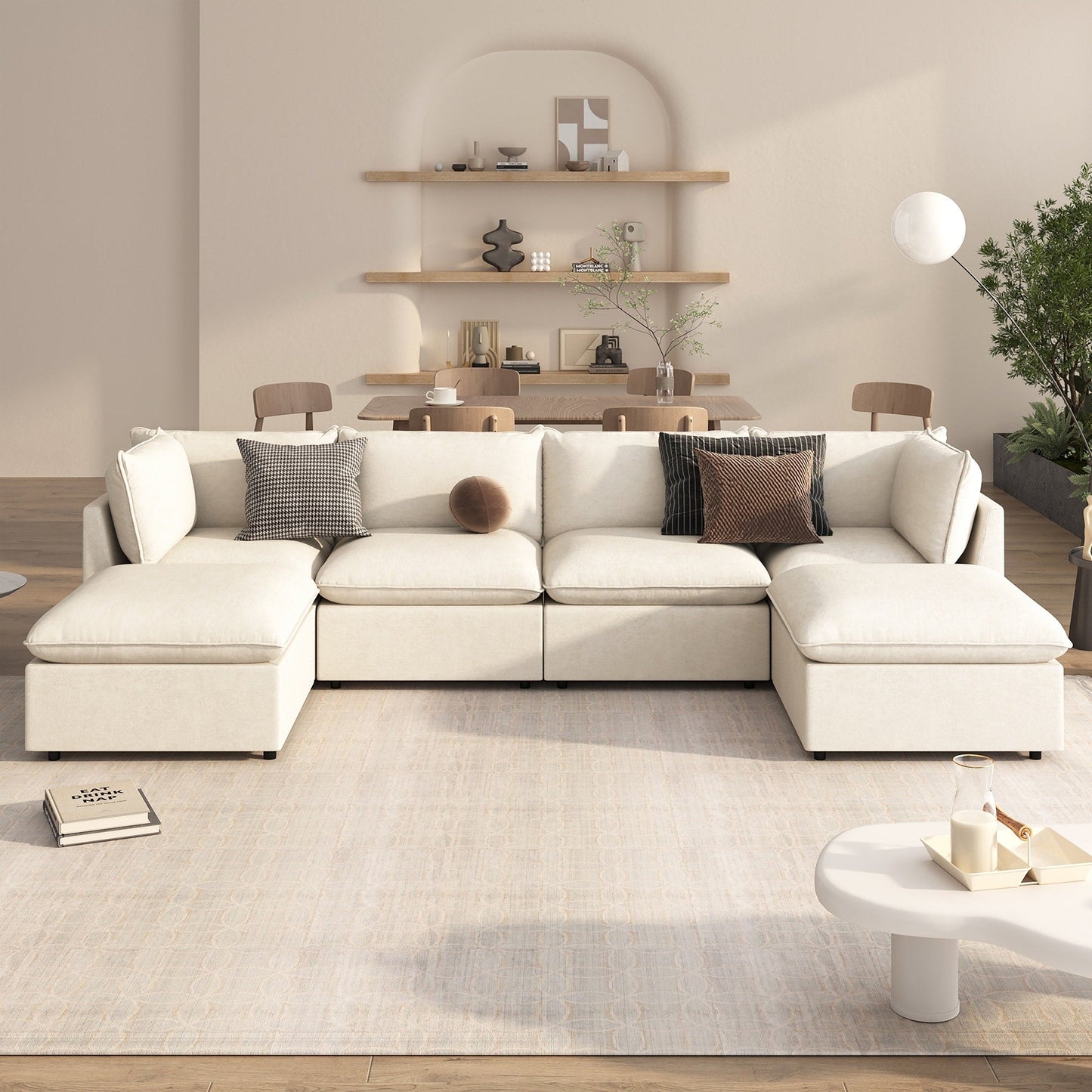 Canapé sectionnel modulaire moderne en U 6 pièces avec poufs amovibles et cadre en bois