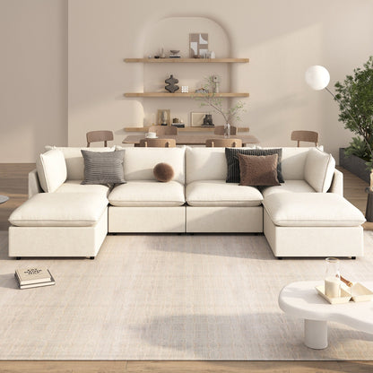 Canapé sectionnel modulaire moderne en U 6 pièces avec poufs amovibles et cadre en bois