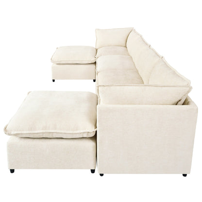 Canapé sectionnel modulaire moderne en U 6 pièces avec poufs amovibles et cadre en bois