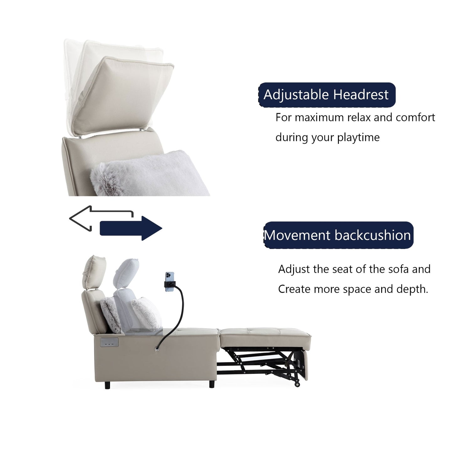 Canapé-lit Bluetooth 3 en 1 en cuir moderne 70.86 avec 2 ports USB et support pour téléphone