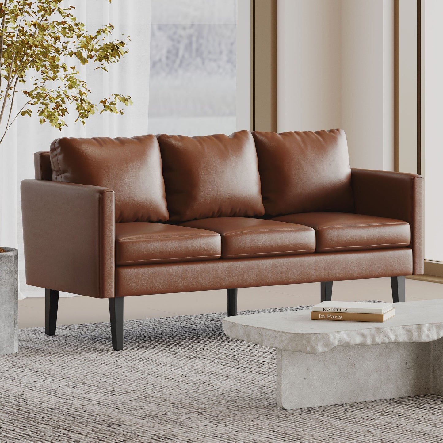 Canapé 3 places moderne en similicuir 74 avec pieds en bois de bouleau pour le salon