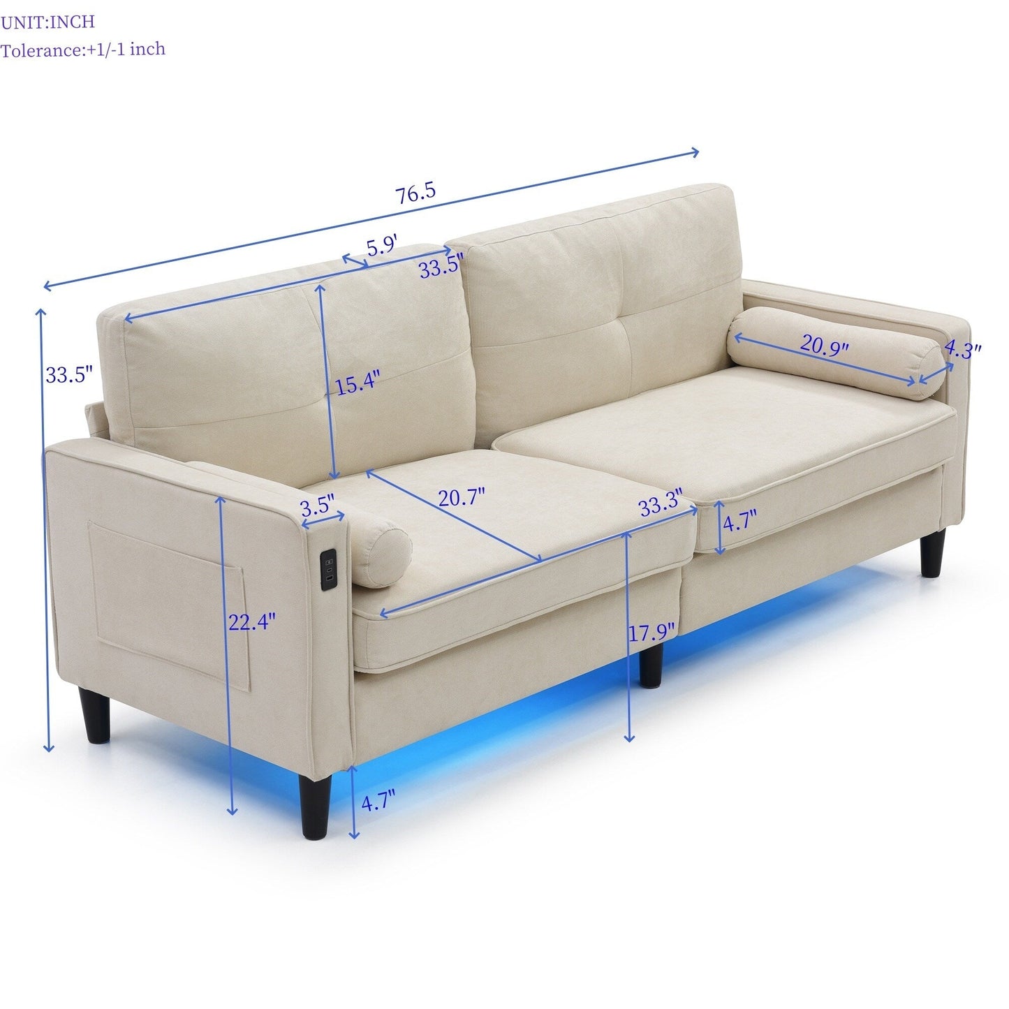 Canapé 3 places moderne en lin 75.2 avec lumières LED et 2 ports USB pour le salon