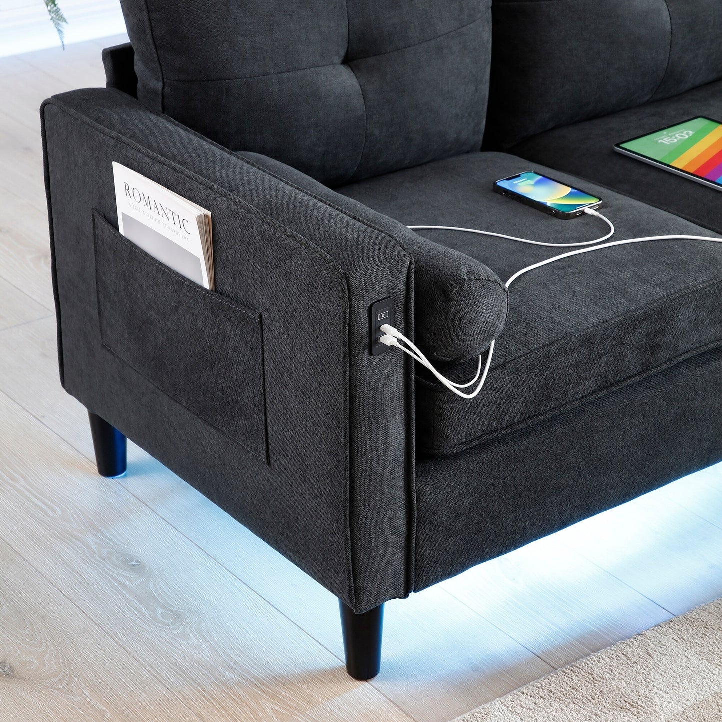 Canapé 3 places moderne en lin 75.2 avec lumières LED et 2 ports USB pour le salon