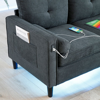 Canapé 3 places moderne en lin 75.2 avec lumières LED et 2 ports USB pour le salon