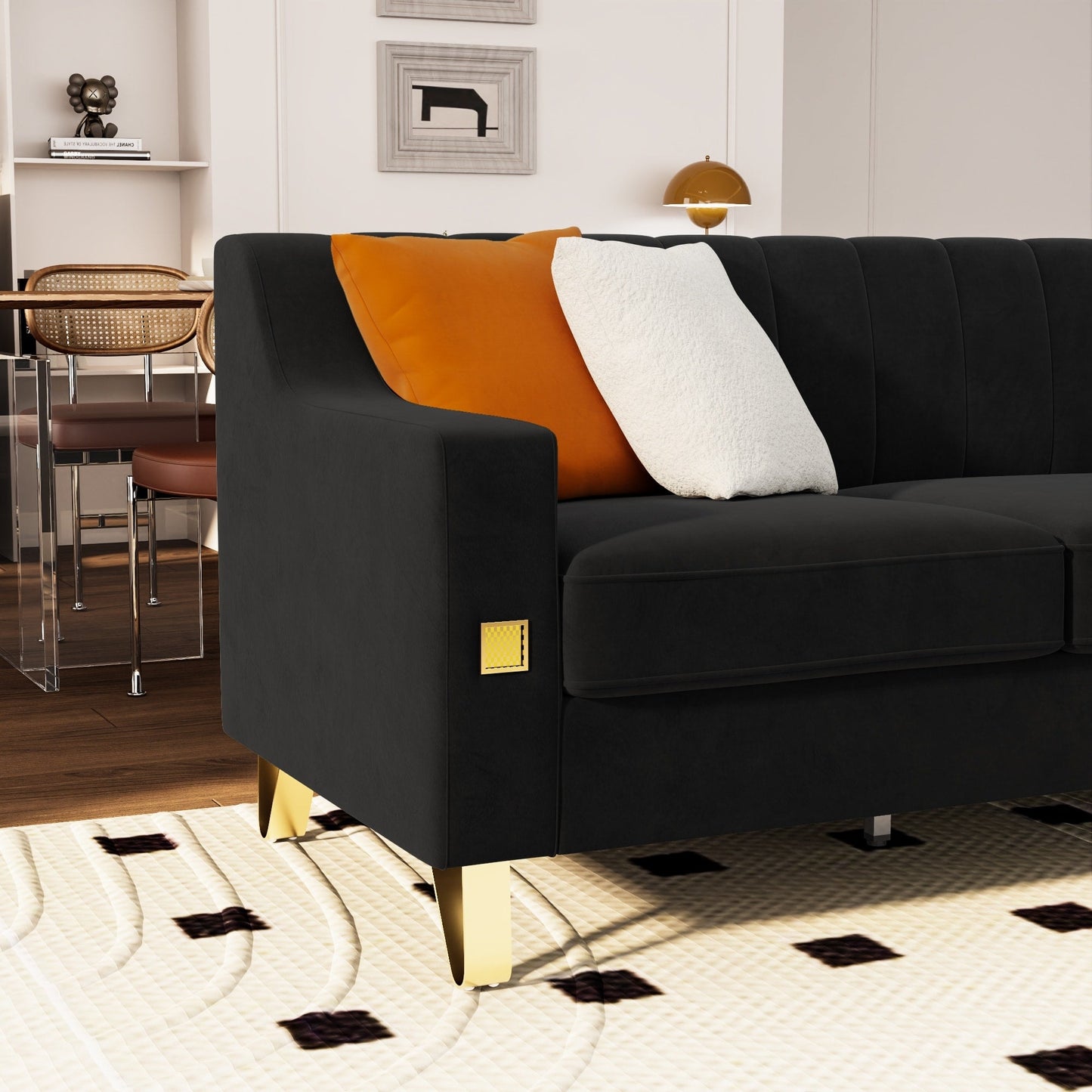 Canapé 3 places moderne en velours 81,89 $ avec touches dorées et coussins moelleux pour le salon