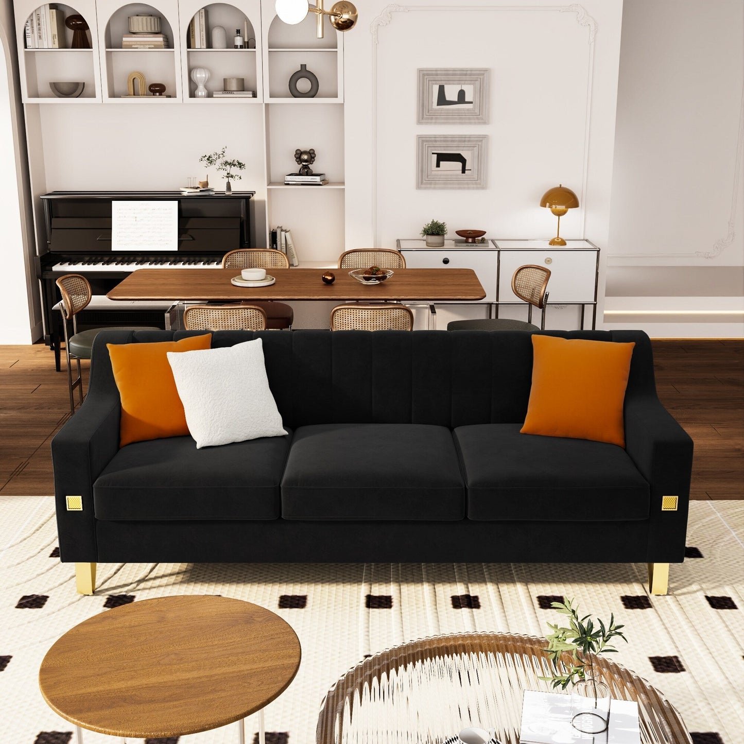 Canapé 3 places moderne en velours 81,89 $ avec touches dorées et coussins moelleux pour le salon