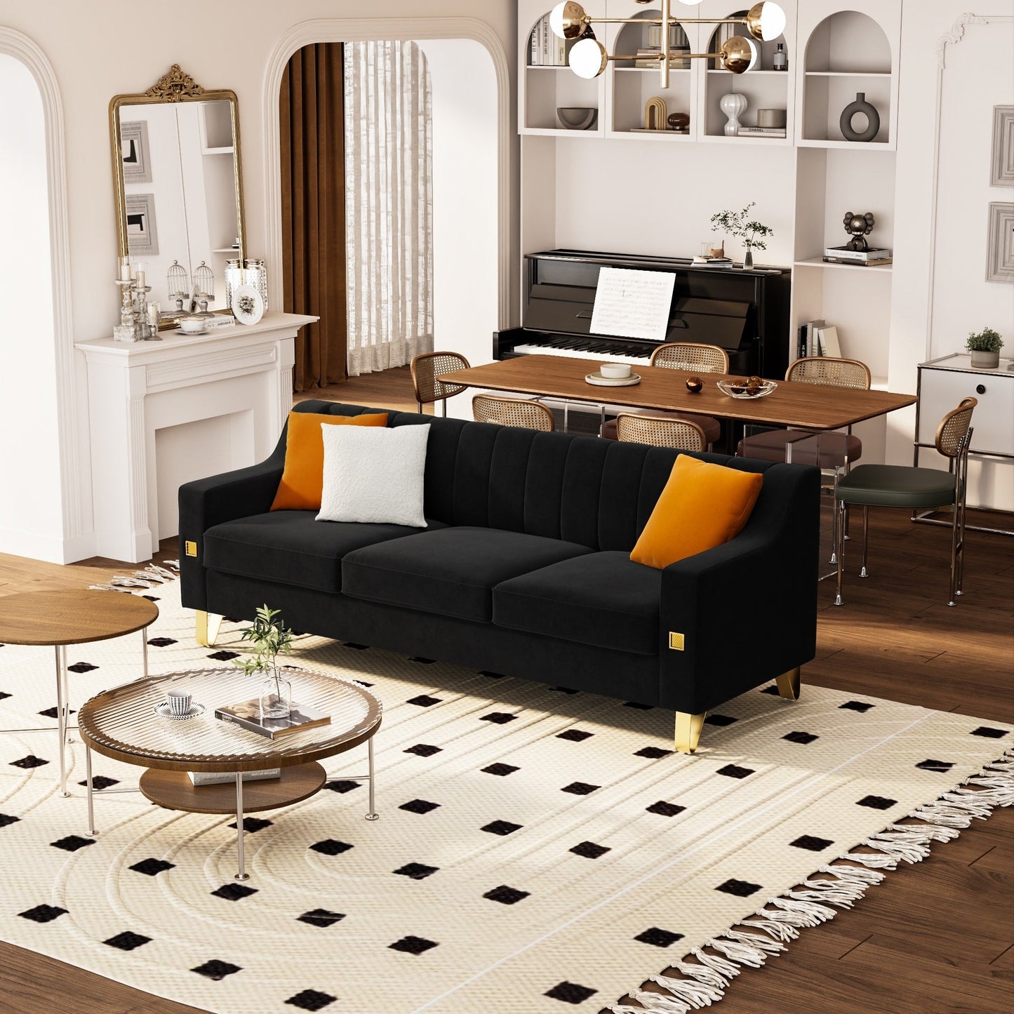 Canapé 3 places moderne en velours 81,89 $ avec touches dorées et coussins moelleux pour le salon