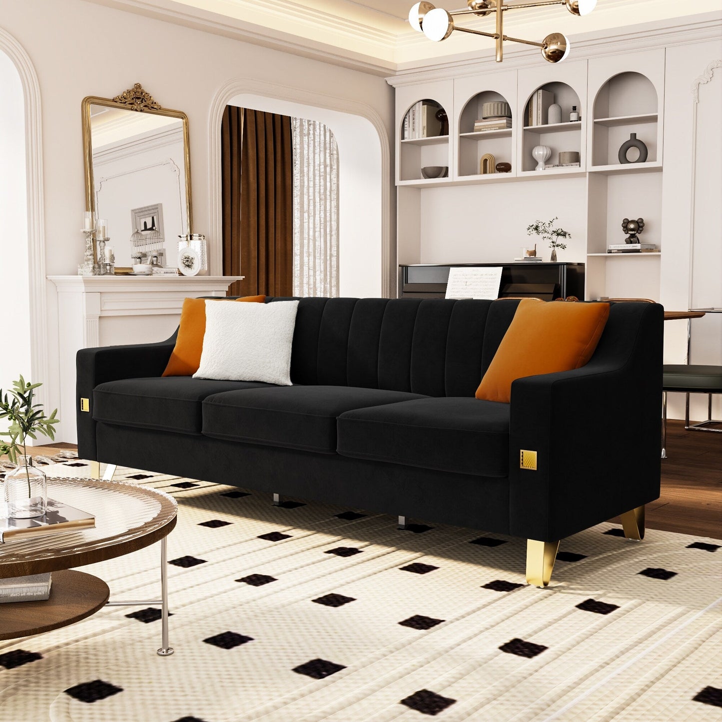 Canapé 3 places moderne en velours 81,89 $ avec touches dorées et coussins moelleux pour le salon