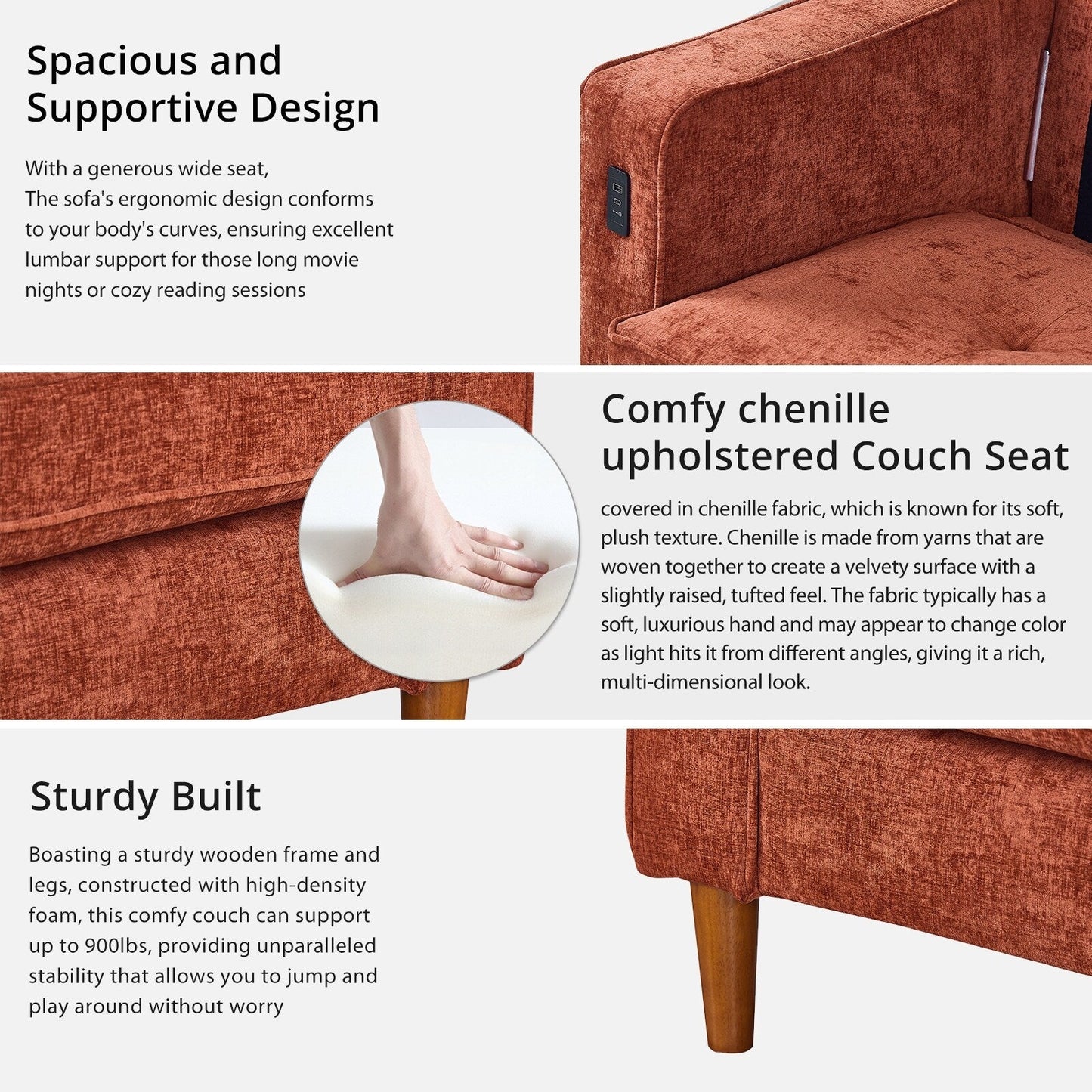 Canapé causeuse rectangulaire moderne de 82 po avec accoudoirs carrés et revêtement en chenille, avec ports USB