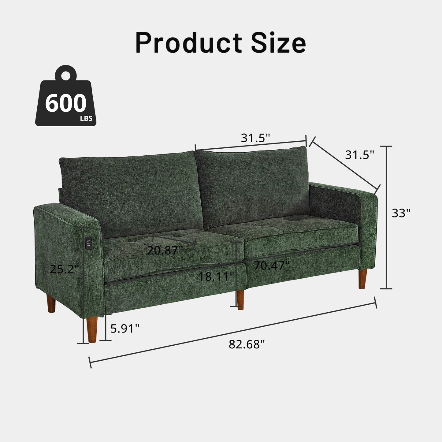 Canapé causeuse rectangulaire moderne de 82 po avec accoudoirs carrés et revêtement en chenille, avec ports USB