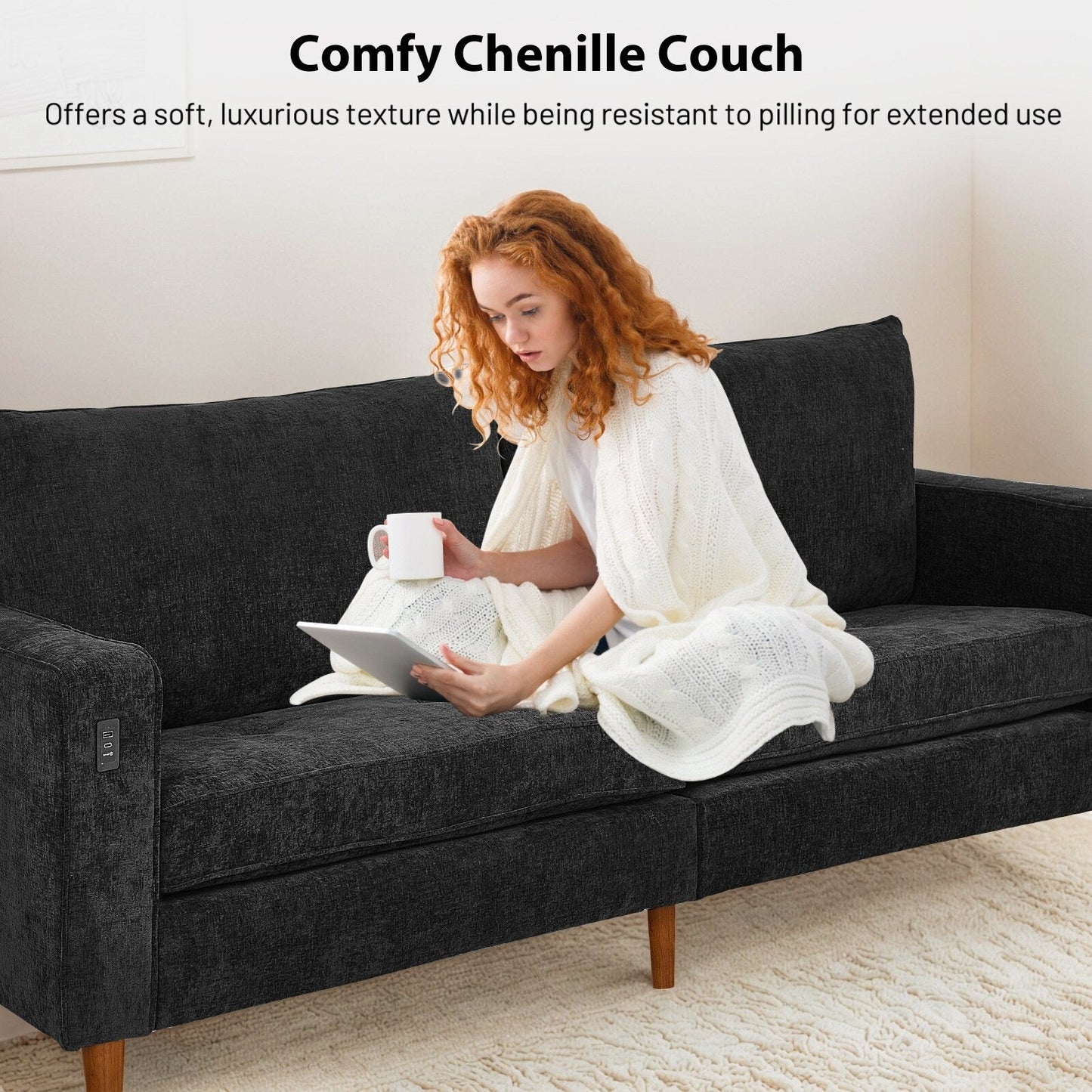 Canapé causeuse rectangulaire moderne de 82 po avec accoudoirs carrés et revêtement en chenille, avec ports USB