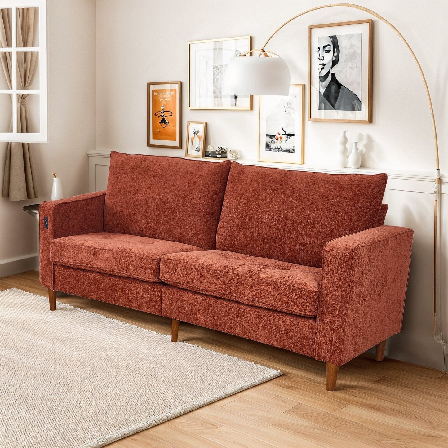 Canapé causeuse rectangulaire moderne de 82 po avec accoudoirs carrés et revêtement en chenille, avec ports USB