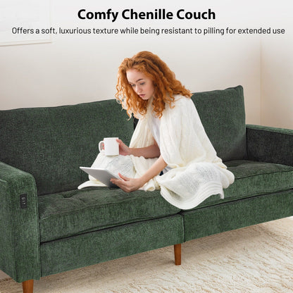 Canapé causeuse rectangulaire moderne de 82 po avec accoudoirs carrés et revêtement en chenille, avec ports USB