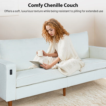 Canapé causeuse rectangulaire moderne de 82 po avec accoudoirs carrés et revêtement en chenille, avec ports USB