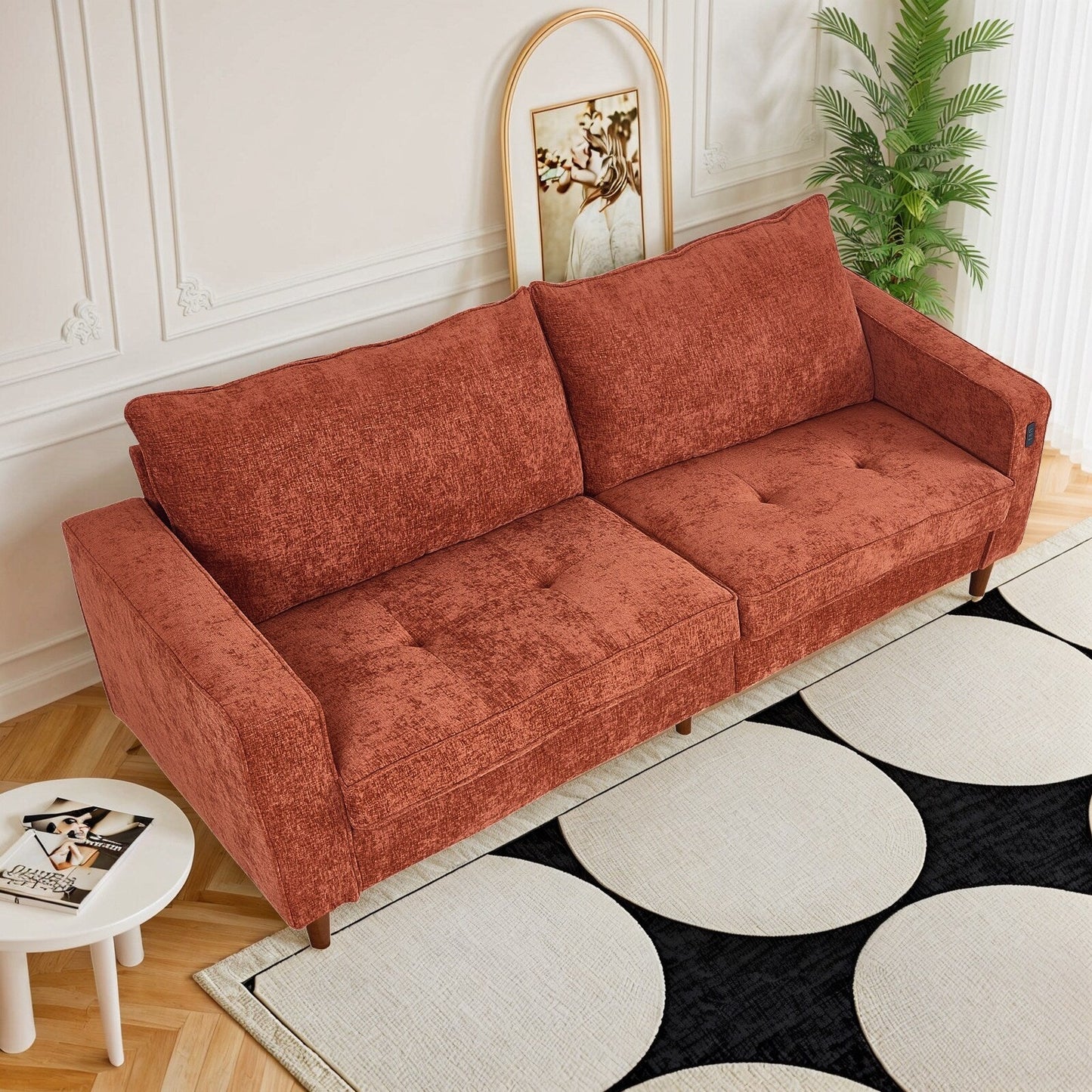 Canapé causeuse rectangulaire moderne de 82 po avec accoudoirs carrés et revêtement en chenille, avec ports USB