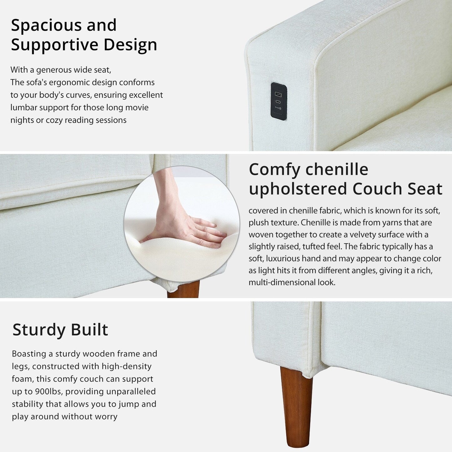 Canapé causeuse rectangulaire moderne de 82 po avec accoudoirs carrés et revêtement en chenille, avec ports USB