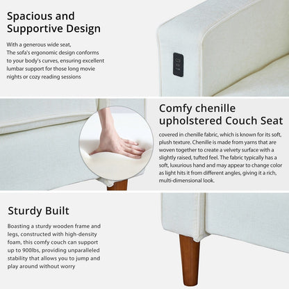 Canapé causeuse rectangulaire moderne de 82 po avec accoudoirs carrés et revêtement en chenille, avec ports USB