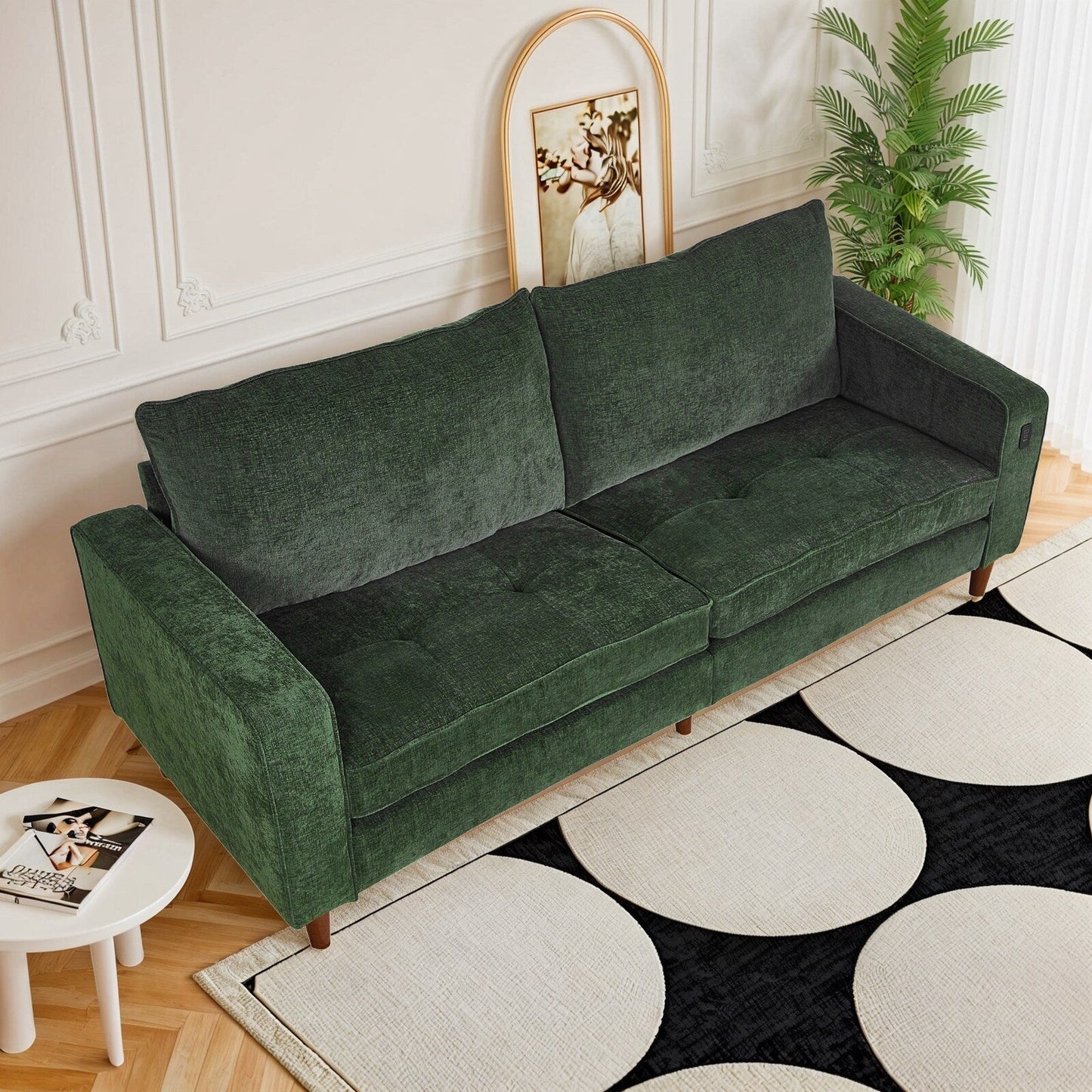 Canapé causeuse rectangulaire moderne de 82 po avec accoudoirs carrés et revêtement en chenille, avec ports USB