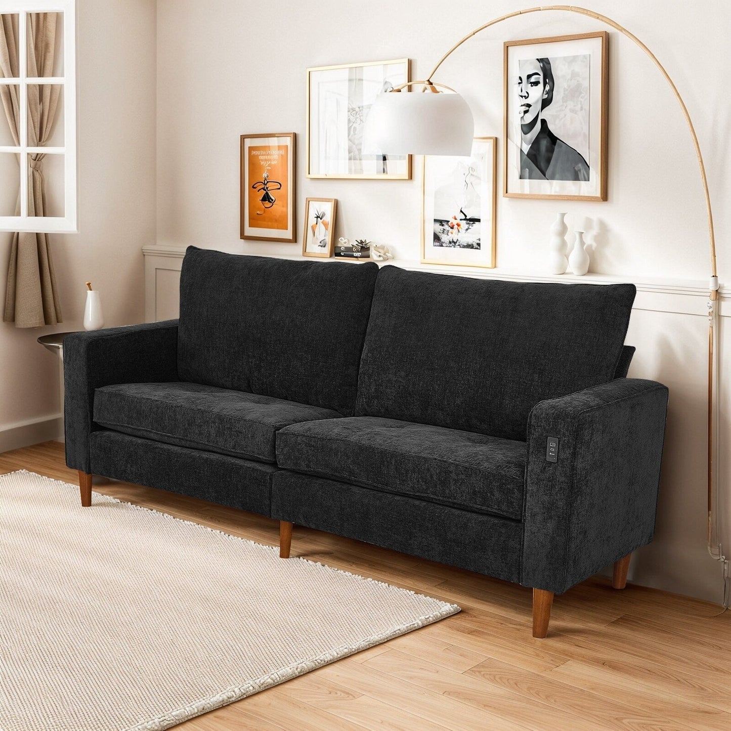 Canapé causeuse rectangulaire moderne de 82 po avec accoudoirs carrés et revêtement en chenille, avec ports USB