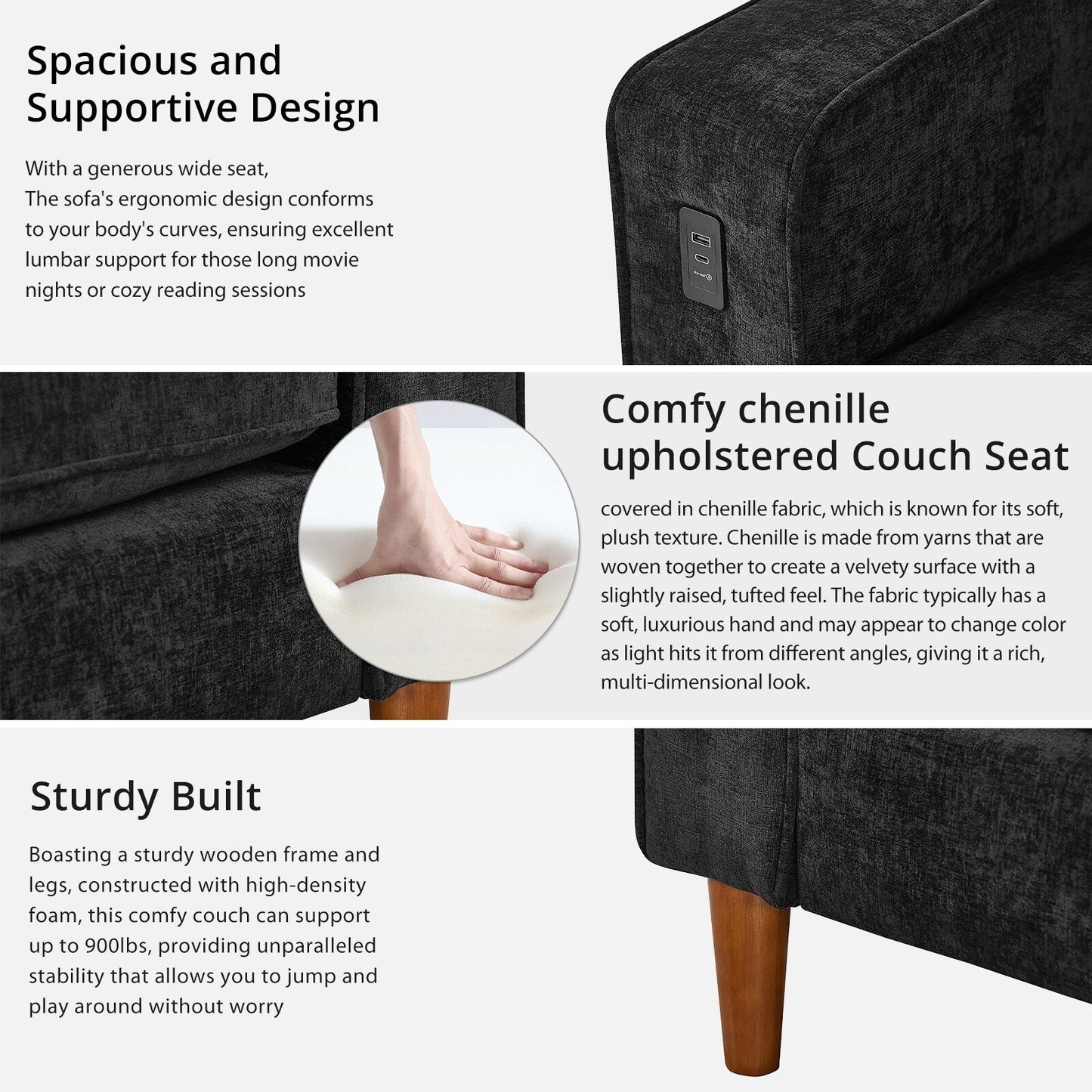 Canapé causeuse rectangulaire moderne de 82 po avec accoudoirs carrés et revêtement en chenille, avec ports USB