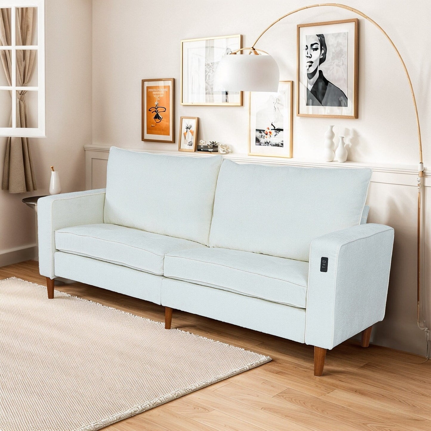 Canapé causeuse rectangulaire moderne de 82 po avec accoudoirs carrés et revêtement en chenille, avec ports USB