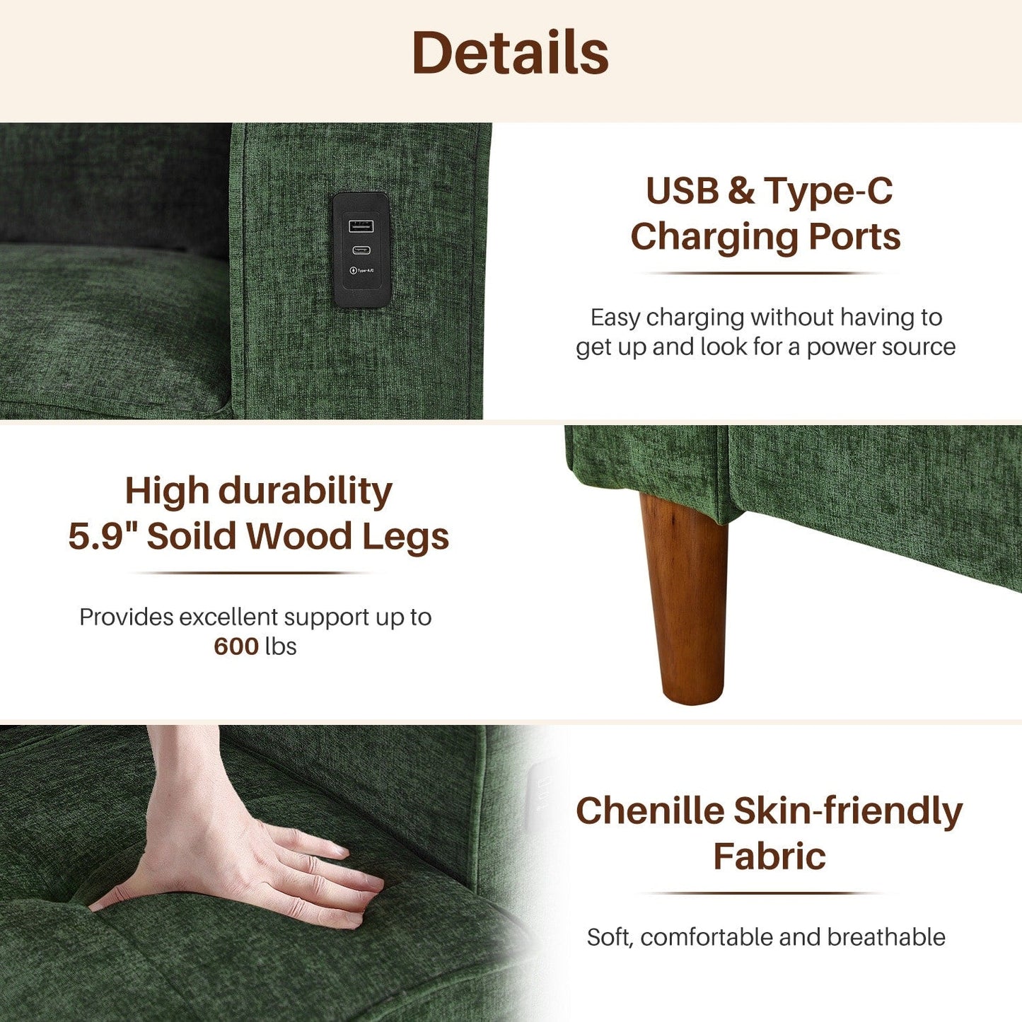 Canapé causeuse moderne rembourré en chenille 82,68 avec ports USB pour espace de vie