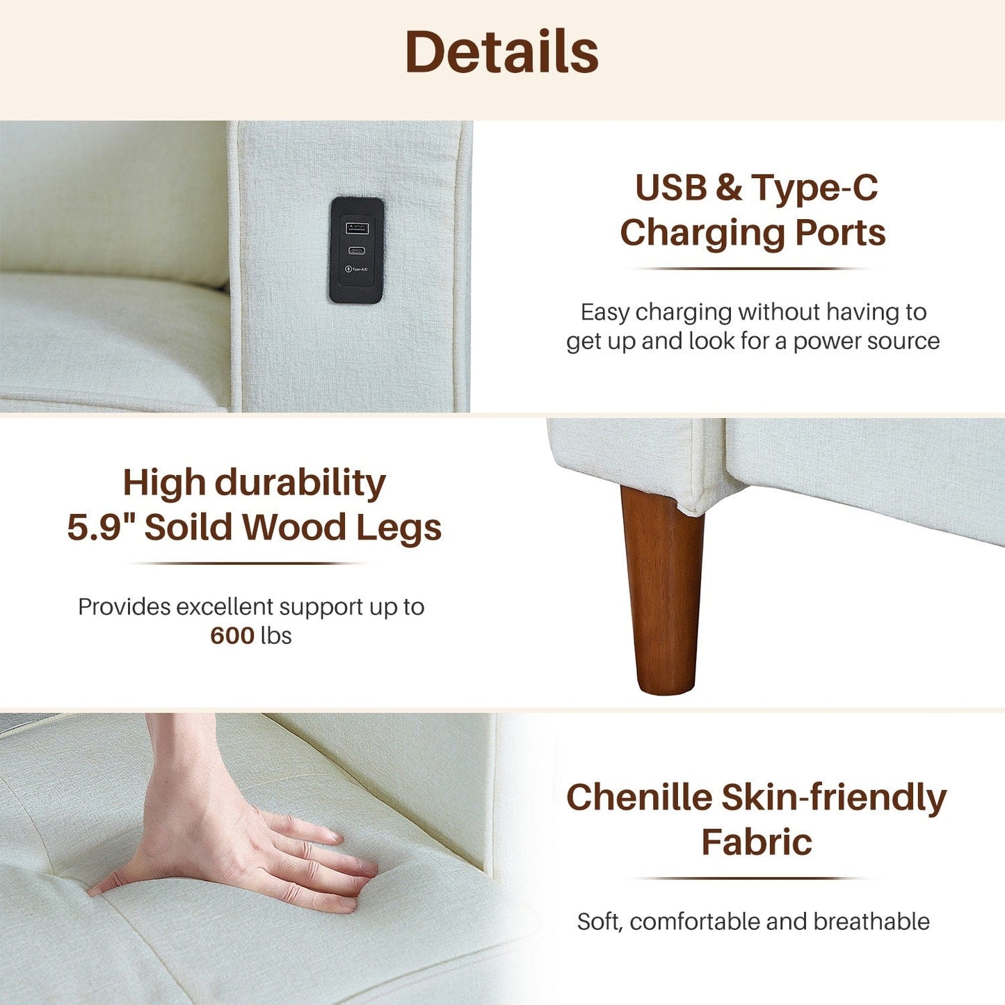 Canapé causeuse moderne rembourré en chenille 82,68 avec ports USB pour espace de vie