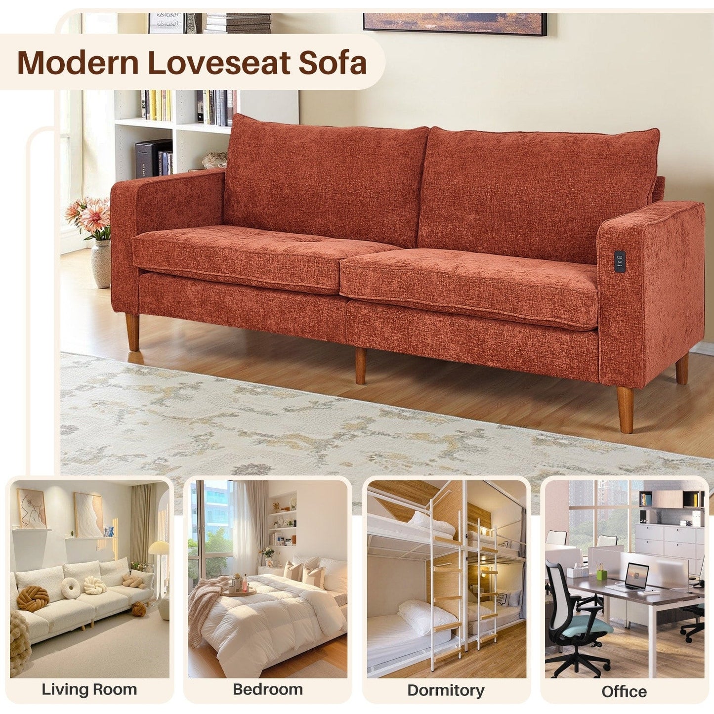 Canapé causeuse moderne rembourré en chenille 82,68 avec ports USB pour espace de vie