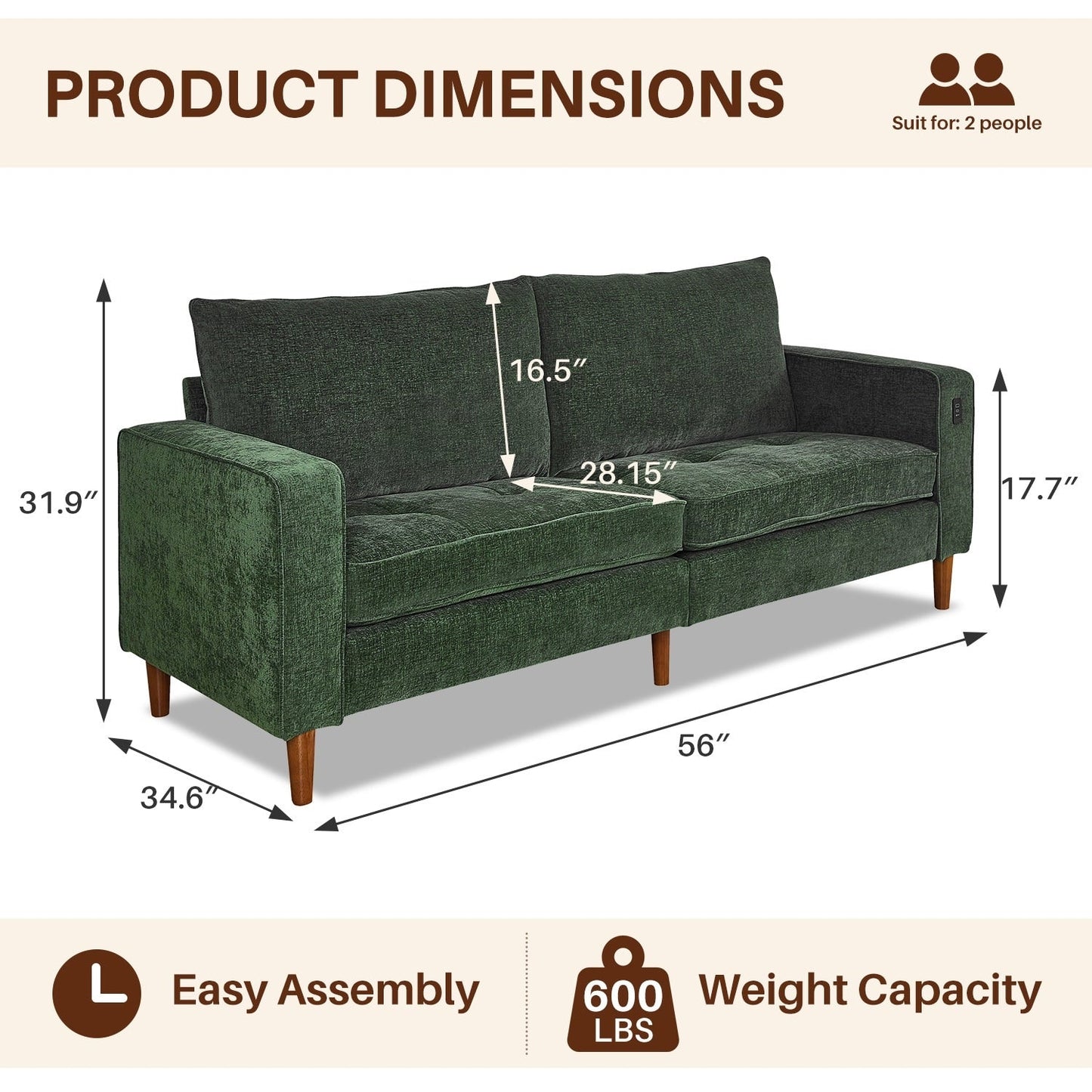 Canapé causeuse moderne rembourré en chenille 82,68 avec ports USB pour espace de vie