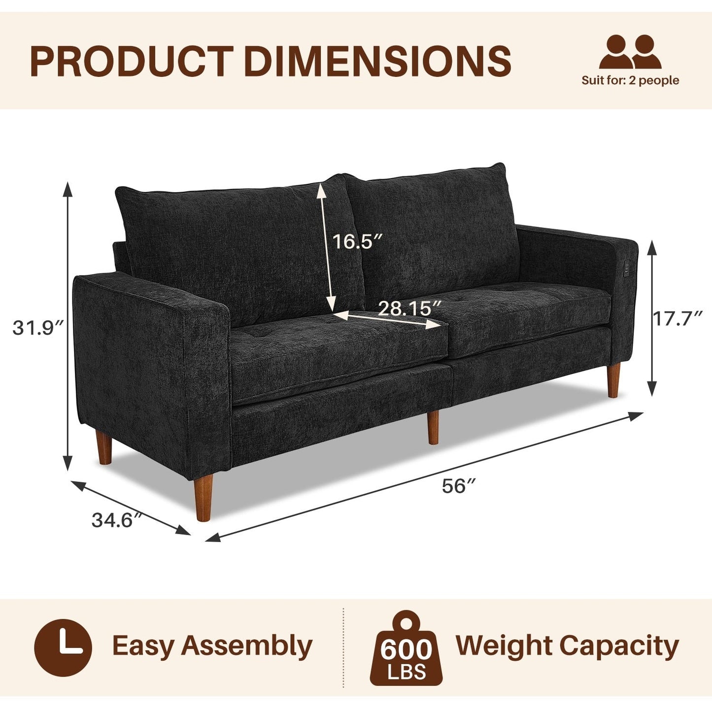 Canapé causeuse moderne rembourré en chenille 82,68 avec ports USB pour espace de vie
