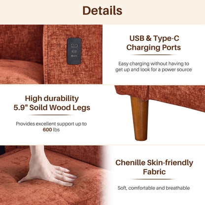 Canapé causeuse moderne rembourré en chenille 82,68 avec ports USB pour espace de vie