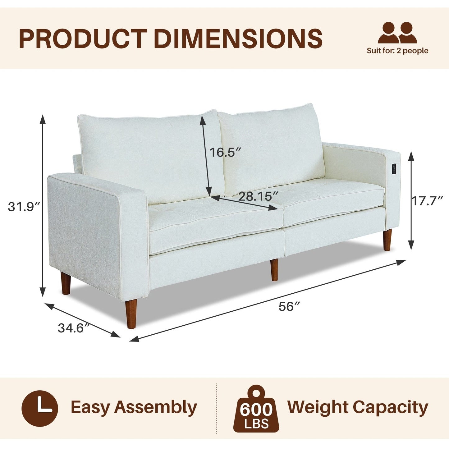 Canapé causeuse moderne rembourré en chenille 82,68 avec ports USB pour espace de vie
