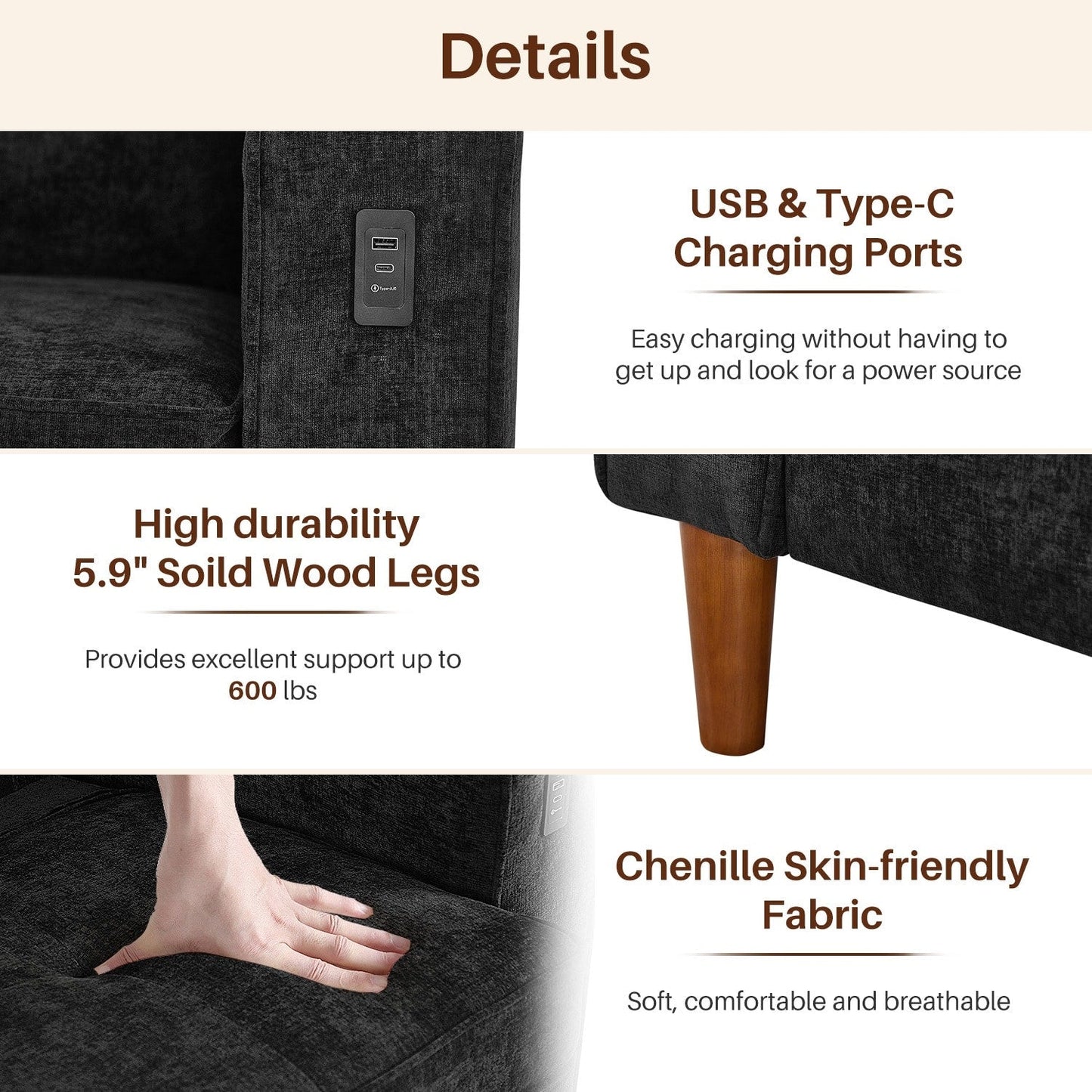 Canapé causeuse moderne rembourré en chenille 82,68 avec ports USB pour espace de vie