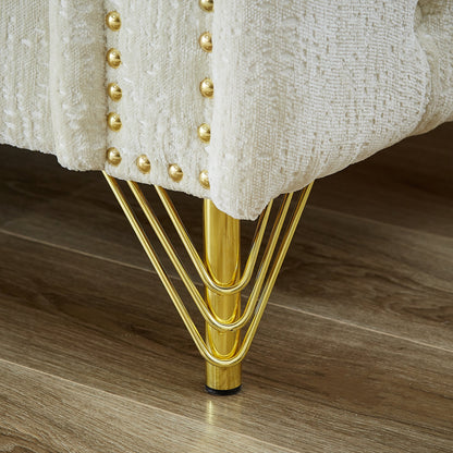 Canapé 3 places moderne capitonné en chenille avec 82 boutons, décoration clous cuivrés et pieds en métal