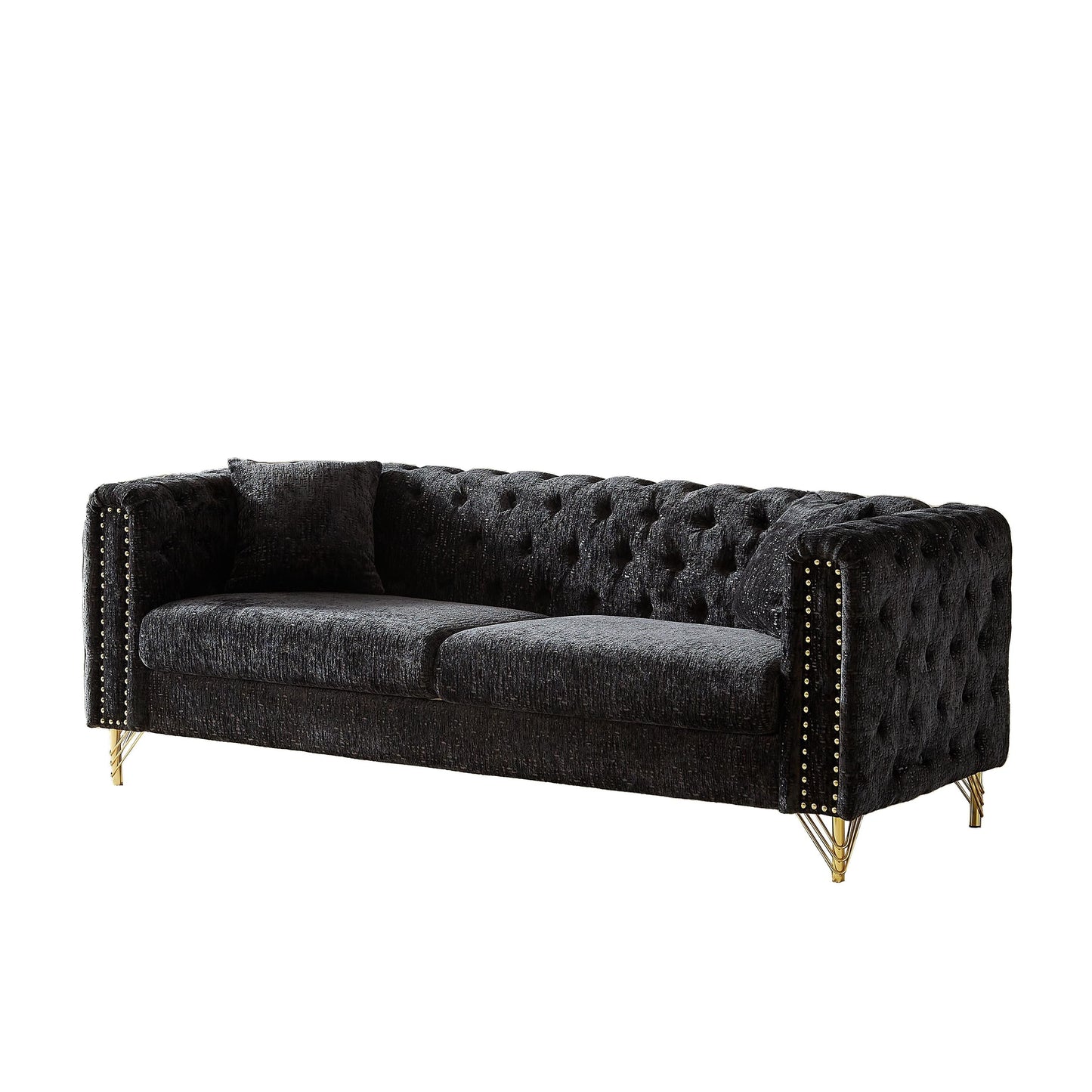 Canapé 3 places moderne capitonné en chenille avec 82 boutons, décoration clous cuivrés et pieds en métal