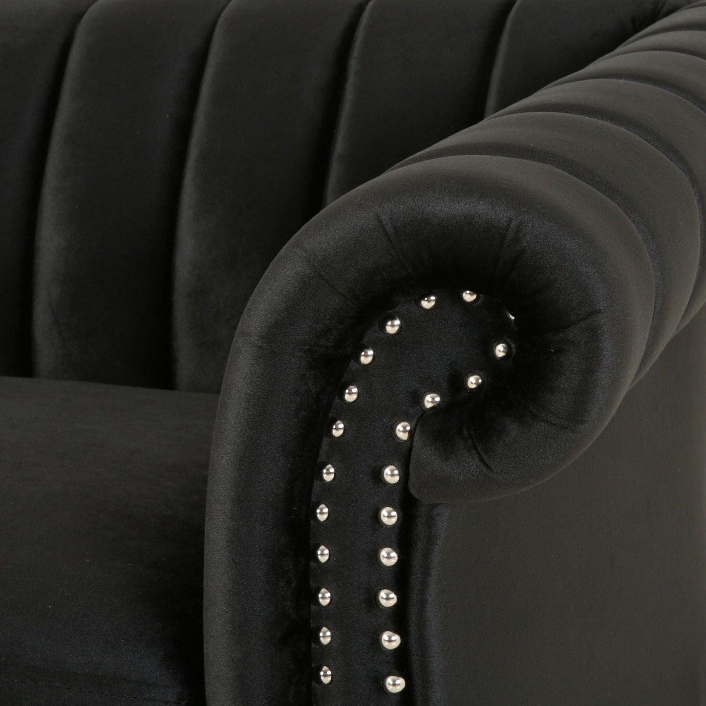 Canapé 3 places moderne en velours 84 avec accoudoirs roulés, capitonné et garni de clous décoratifs, dossier incurvé pour le salon