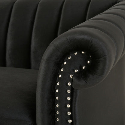 Canapé 3 places moderne en velours 84 avec accoudoirs roulés, capitonné et garni de clous décoratifs, dossier incurvé pour le salon