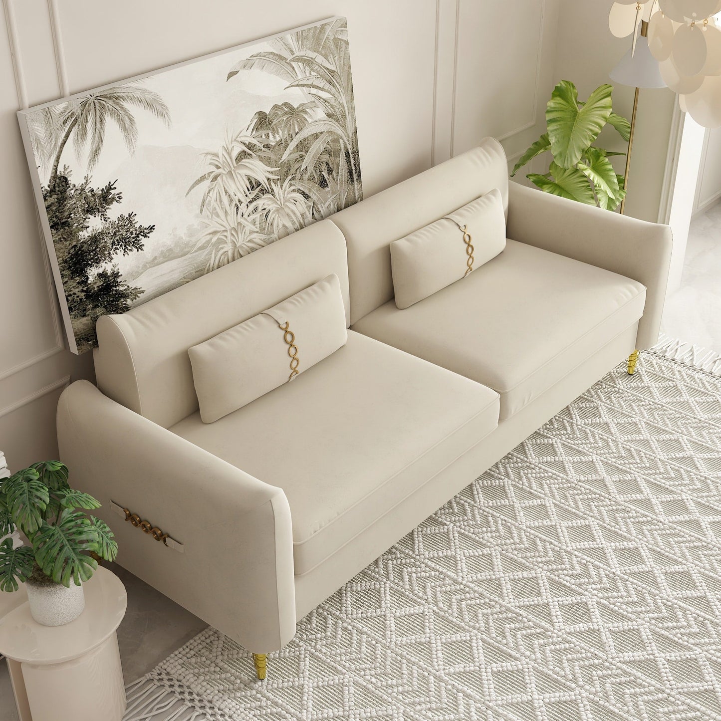 Canapé causeuse moderne en velours 85,43 pouces avec pieds et coussins dorés pour le salon