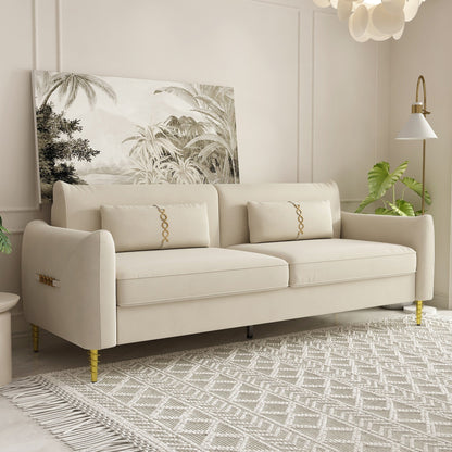 Canapé causeuse moderne en velours 85,43 pouces avec pieds et coussins dorés pour le salon