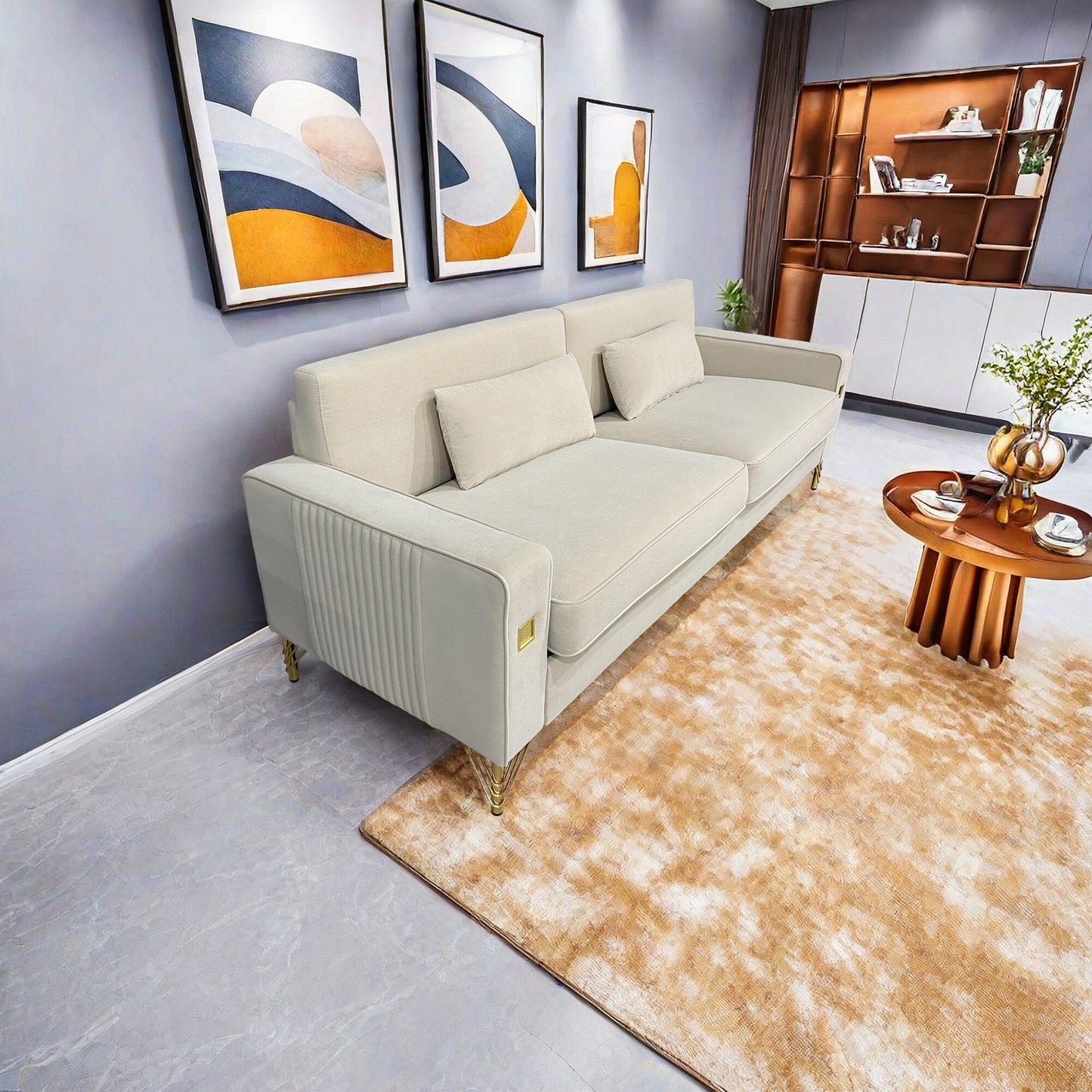 Canapé 3 places moderne en velours 85,63 avec touches dorées et coussins moelleux pour le salon