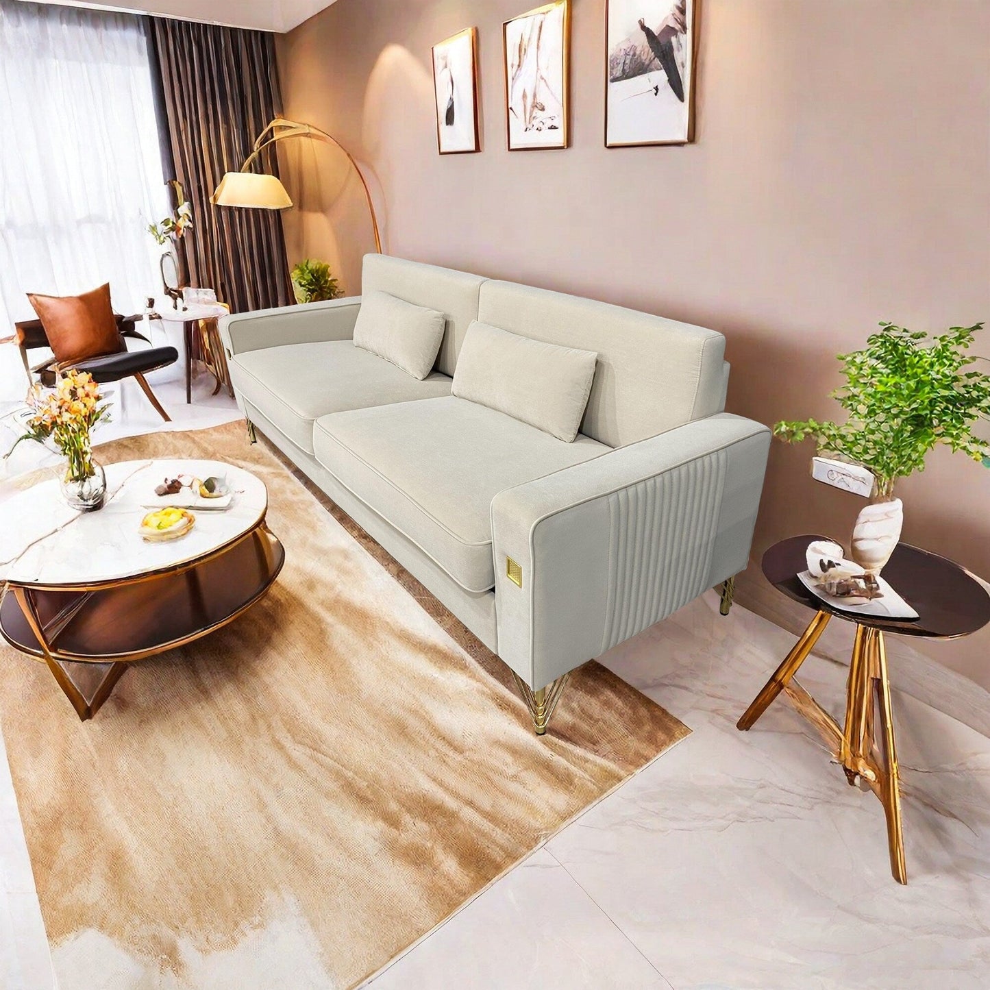 Canapé 3 places moderne en velours 85,63 avec touches dorées et coussins moelleux pour le salon