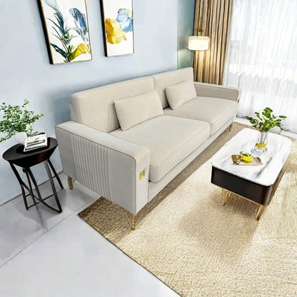 Canapé 3 places moderne en velours 85,63 avec touches dorées et coussins moelleux pour le salon