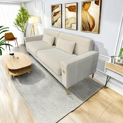 Canapé 3 places moderne en velours 85,63 avec touches dorées et coussins moelleux pour le salon