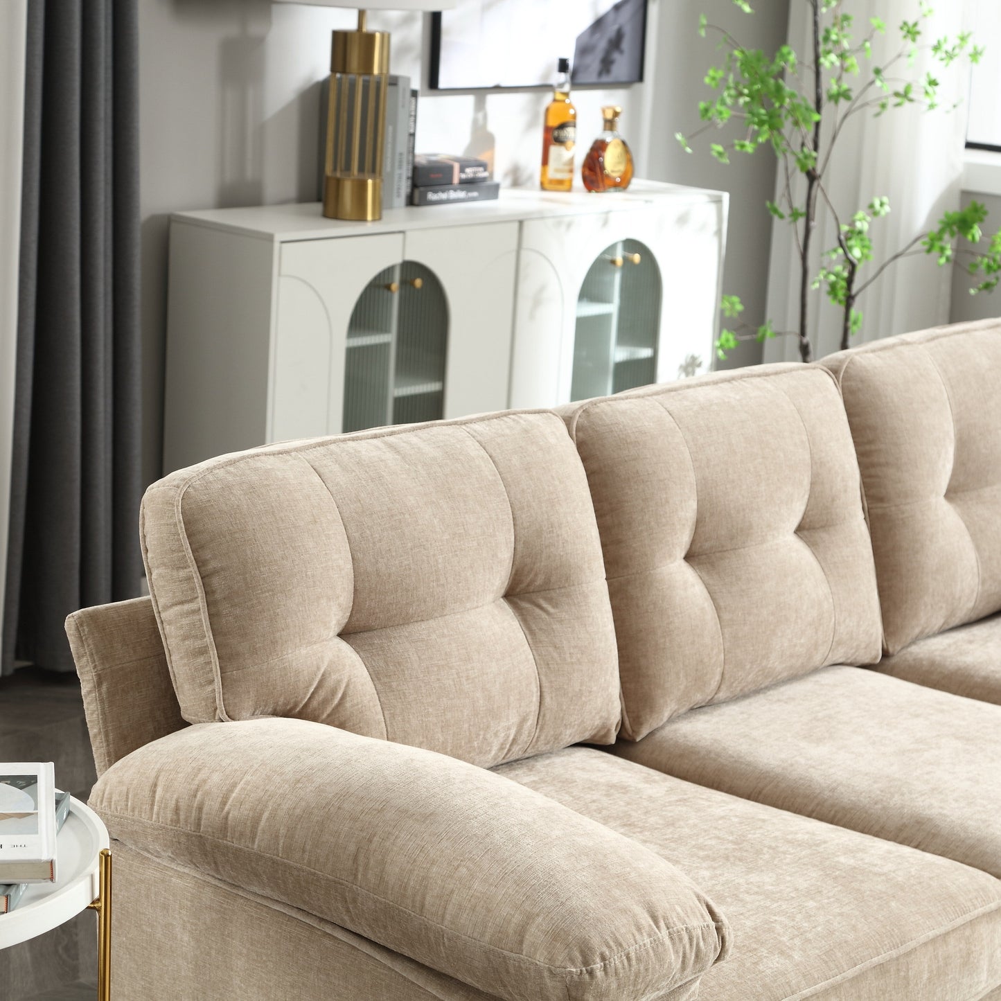 Canapé 3 places moderne en tissu de 85 pouces en forme de L avec cadre en bois et coussins à ressorts