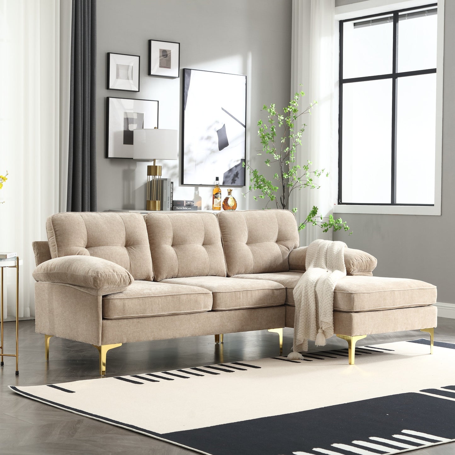 Canapé 3 places moderne en tissu de 85 pouces en forme de L avec cadre en bois et coussins à ressorts