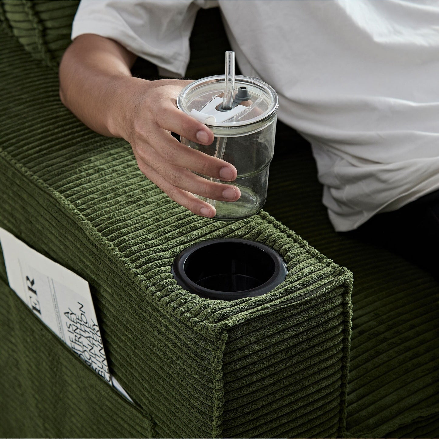 Canapé 3 places moderne en velours côtelé 87,4 avec porte-gobelet et sacs de rangement pour le salon