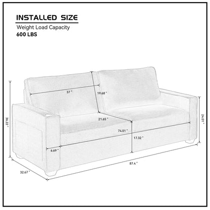 Canapé 3 places moderne en velours côtelé 87,4 avec porte-gobelet et sacs de rangement pour le salon